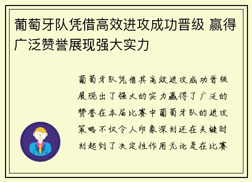 葡萄牙队凭借高效进攻成功晋级 赢得广泛赞誉展现强大实力