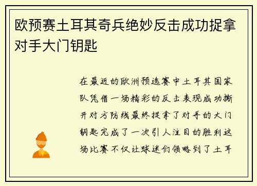 欧预赛土耳其奇兵绝妙反击成功捉拿对手大门钥匙